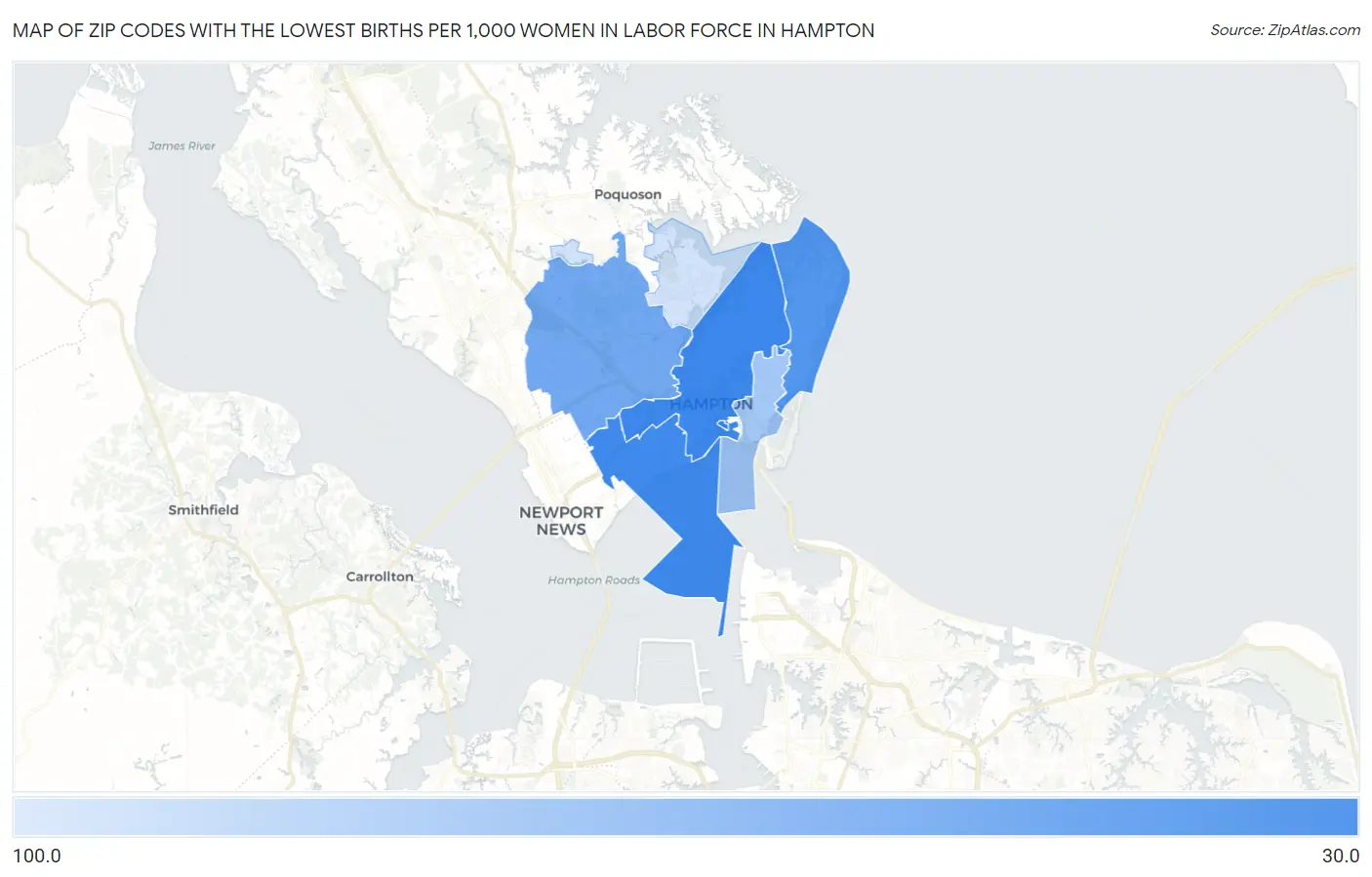 Zip Codes with the Lowest Births per 1,000 Women in Labor Force in Hampton Map
