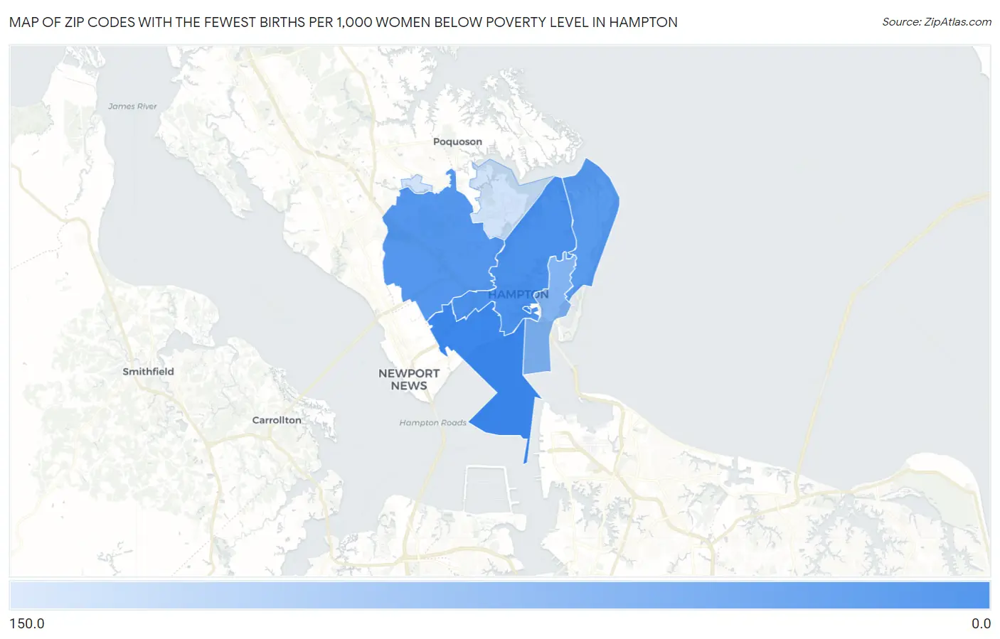 Zip Codes with the Fewest Births per 1,000 Women Below Poverty Level in Hampton Map
