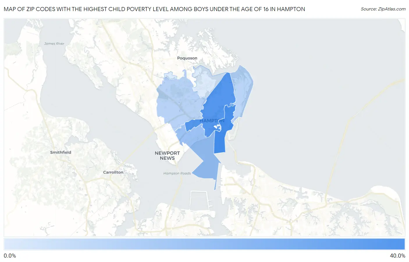 Zip Codes with the Highest Child Poverty Level Among Boys Under the Age of 16 in Hampton Map