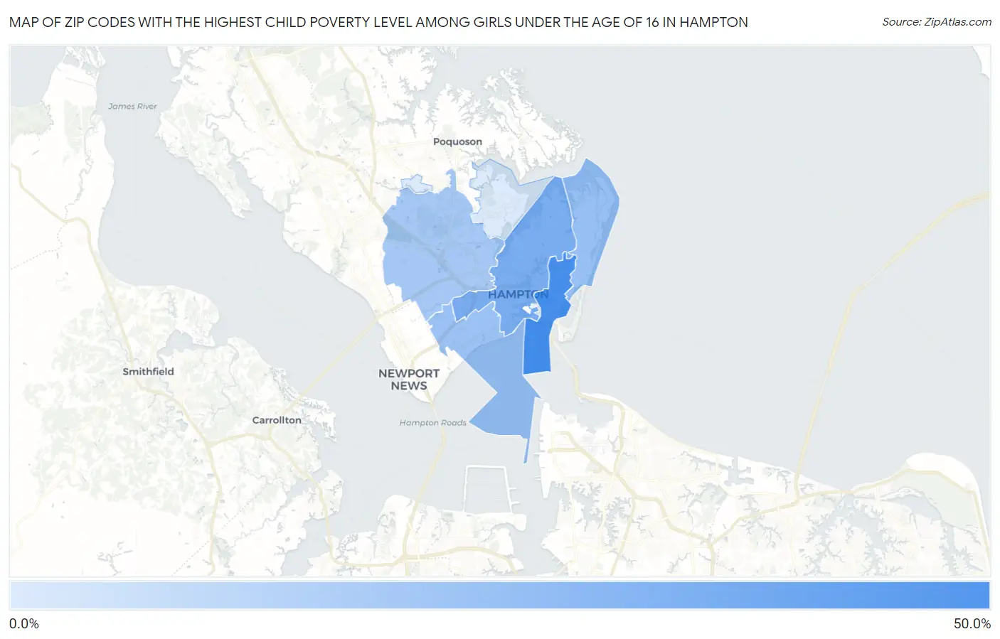 Zip Codes with the Highest Child Poverty Level Among Girls Under the Age of 16 in Hampton Map