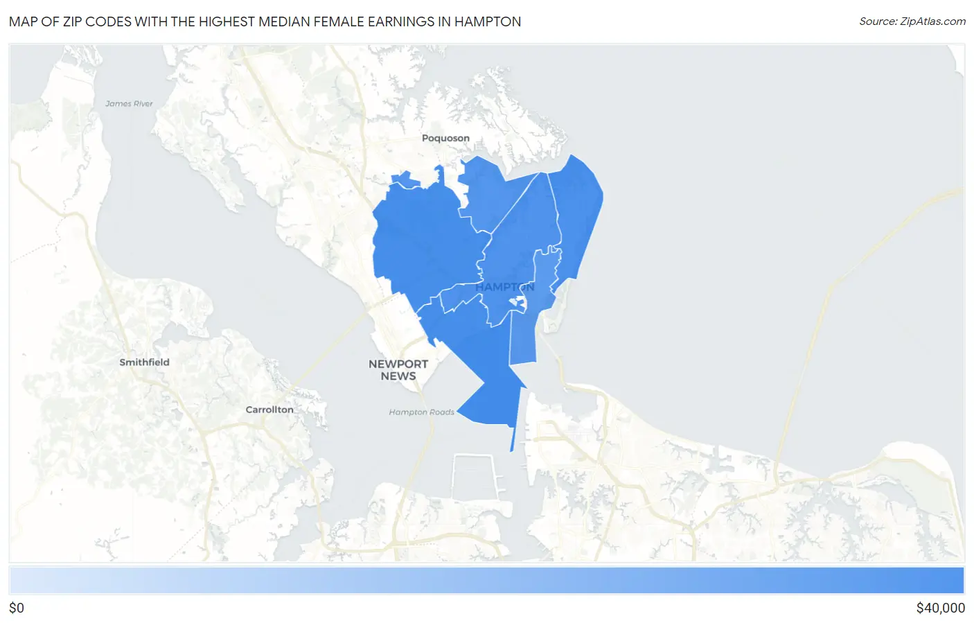 Zip Codes with the Highest Median Female Earnings in Hampton Map