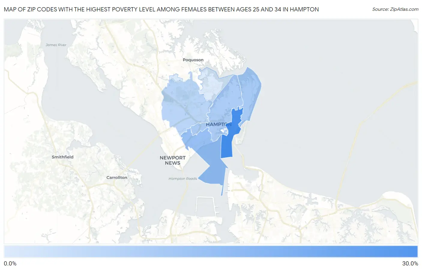 Zip Codes with the Highest Poverty Level Among Females Between Ages 25 and 34 in Hampton Map