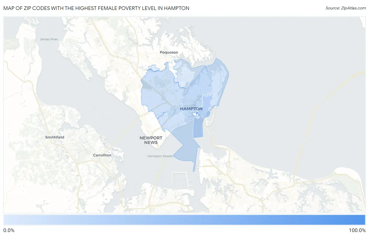 Zip Codes with the Highest Female Poverty Level in Hampton Map