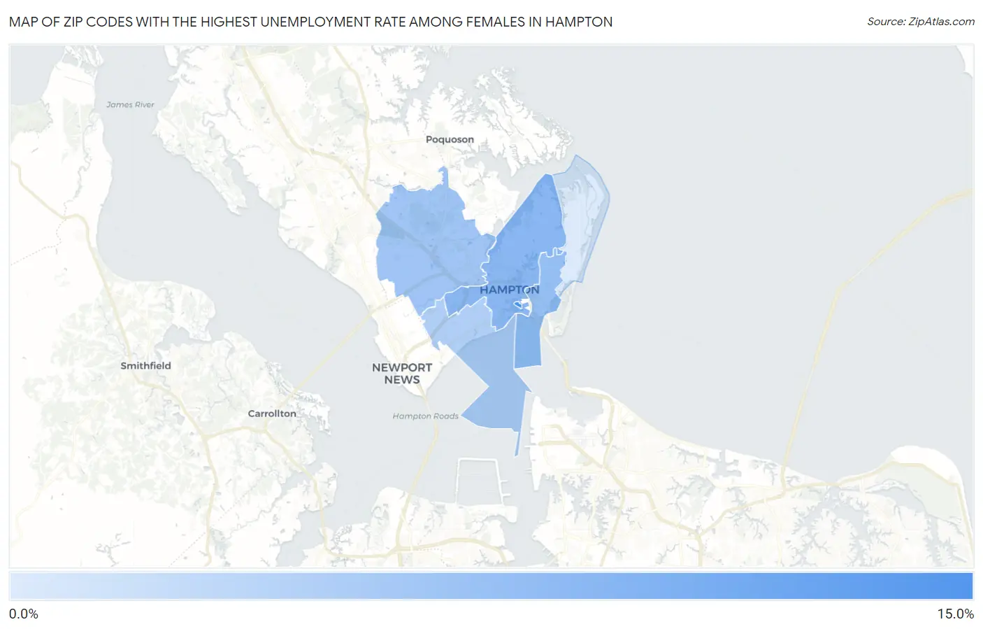 Zip Codes with the Highest Unemployment Rate Among Females in Hampton Map