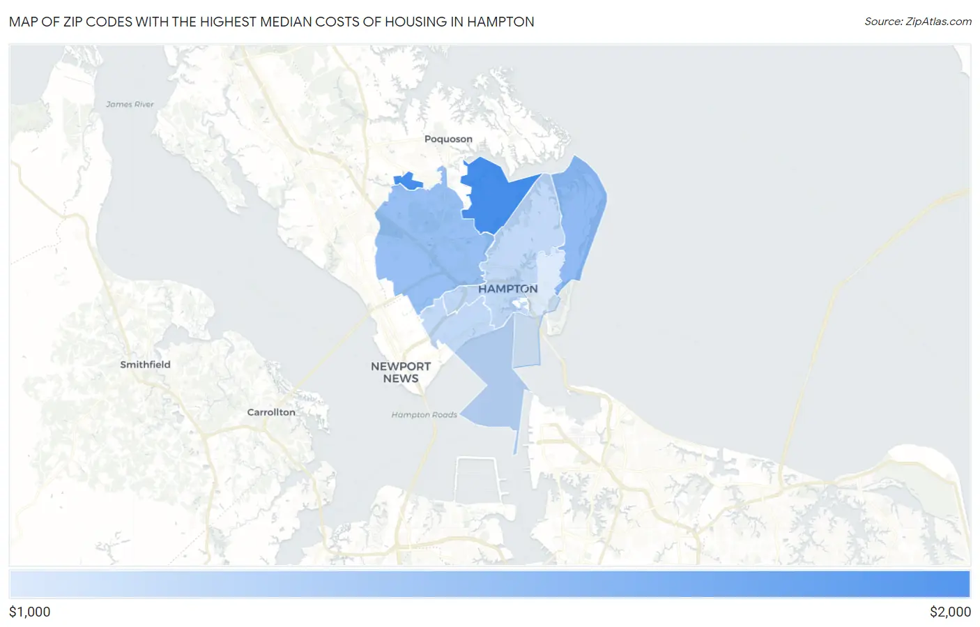 Zip Codes with the Highest Median Costs of Housing in Hampton Map