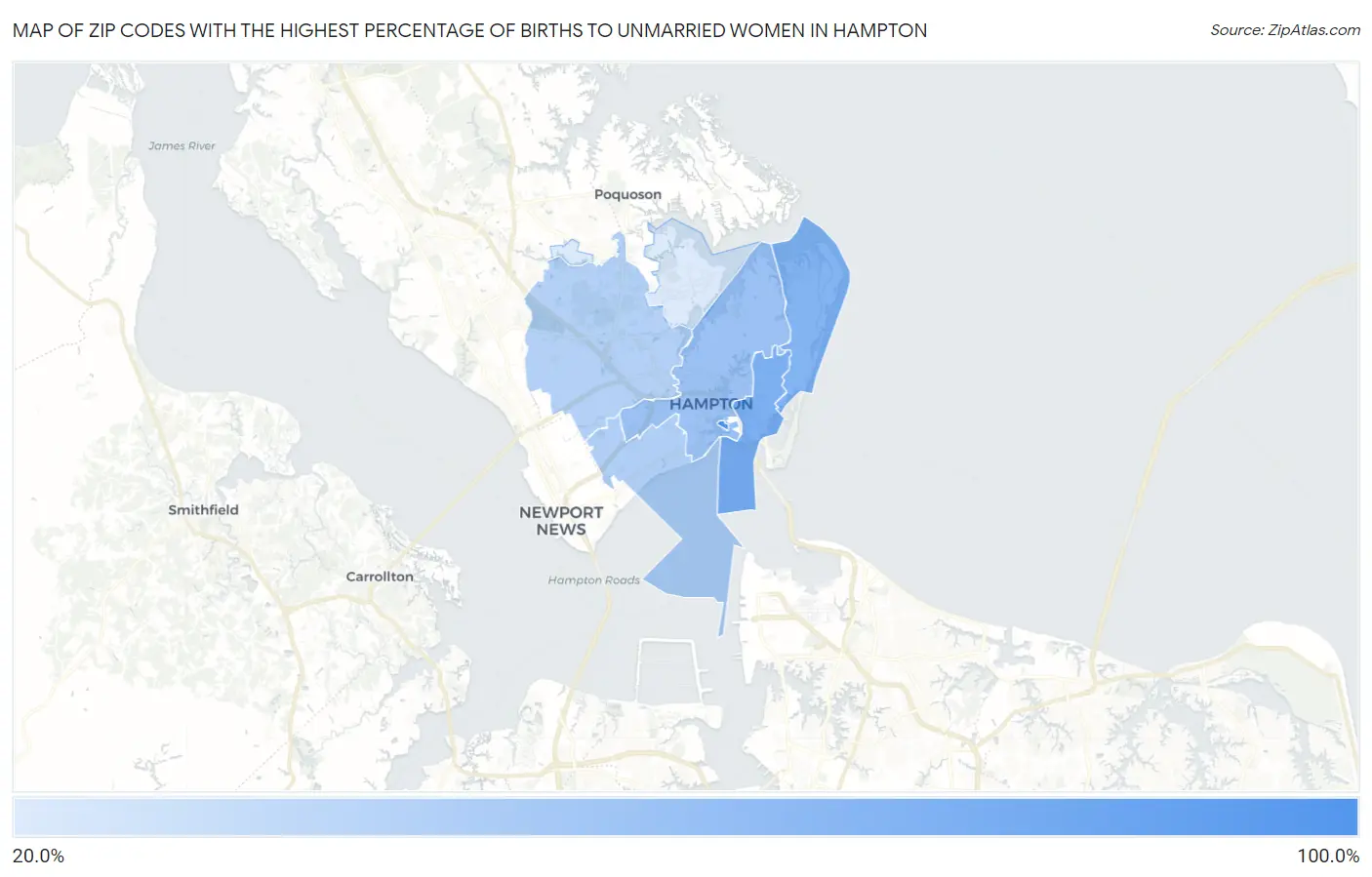 Zip Codes with the Highest Percentage of Births to Unmarried Women in Hampton Map