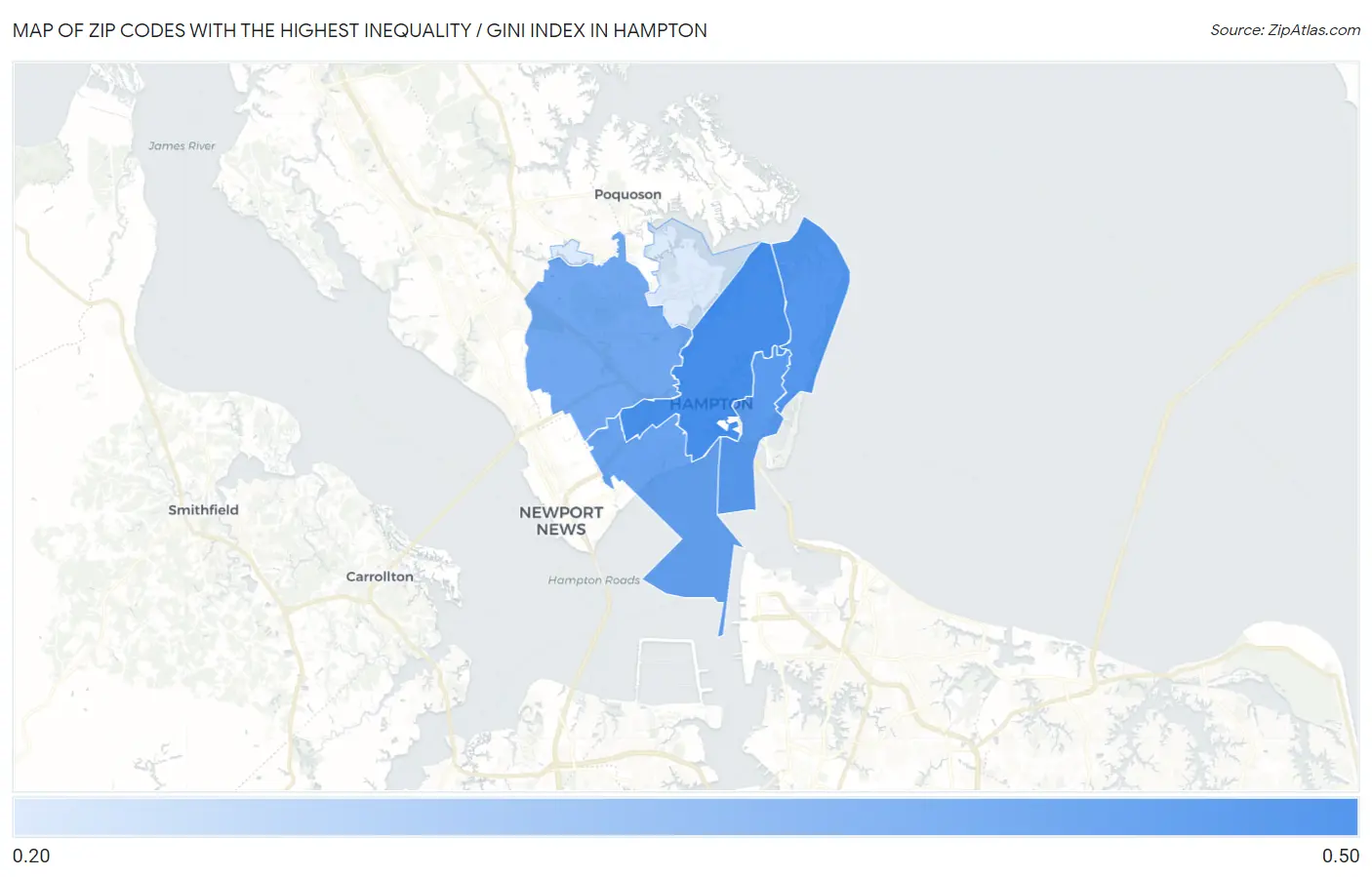Zip Codes with the Highest Inequality / Gini Index in Hampton Map