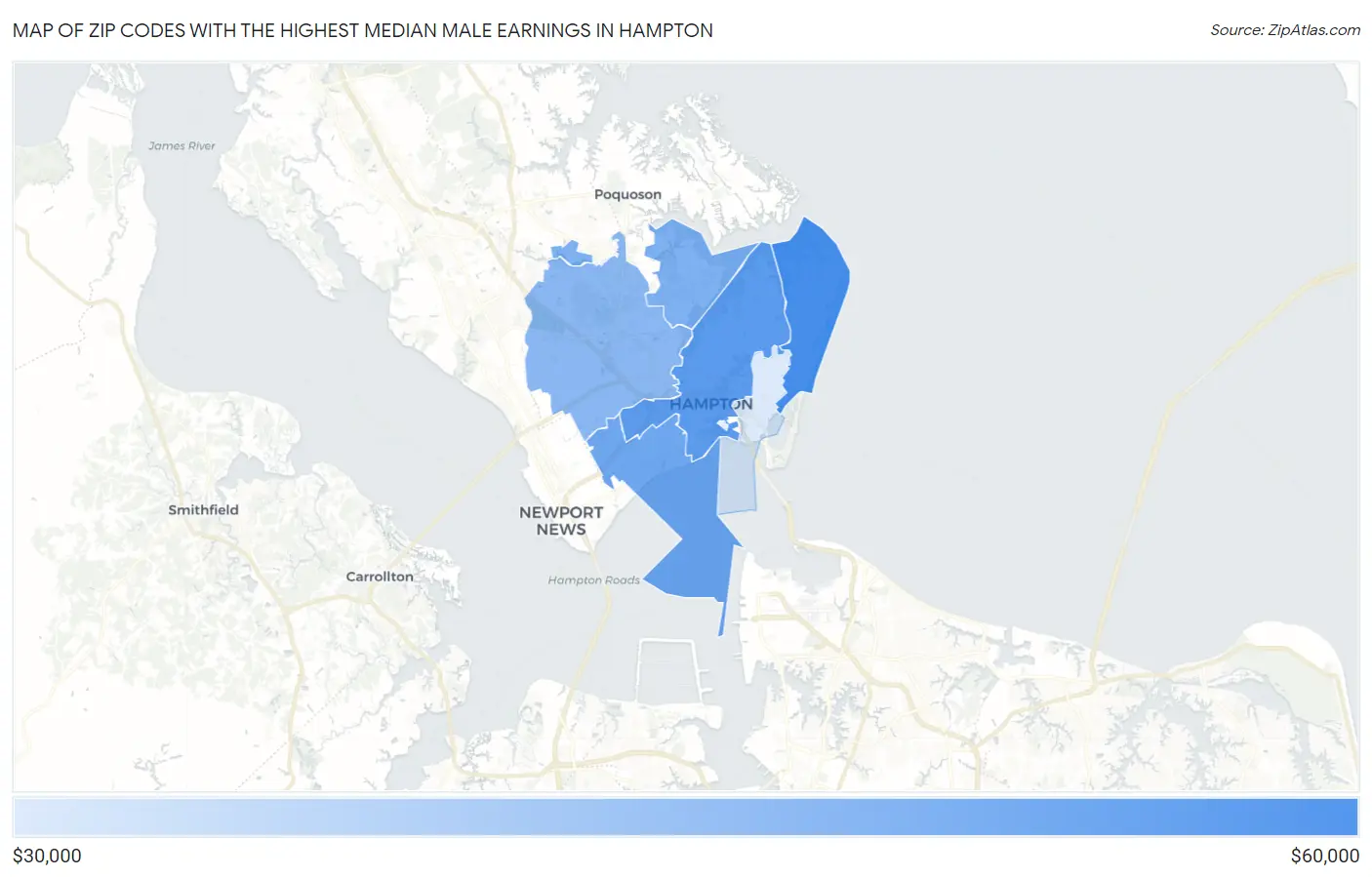Zip Codes with the Highest Median Male Earnings in Hampton Map