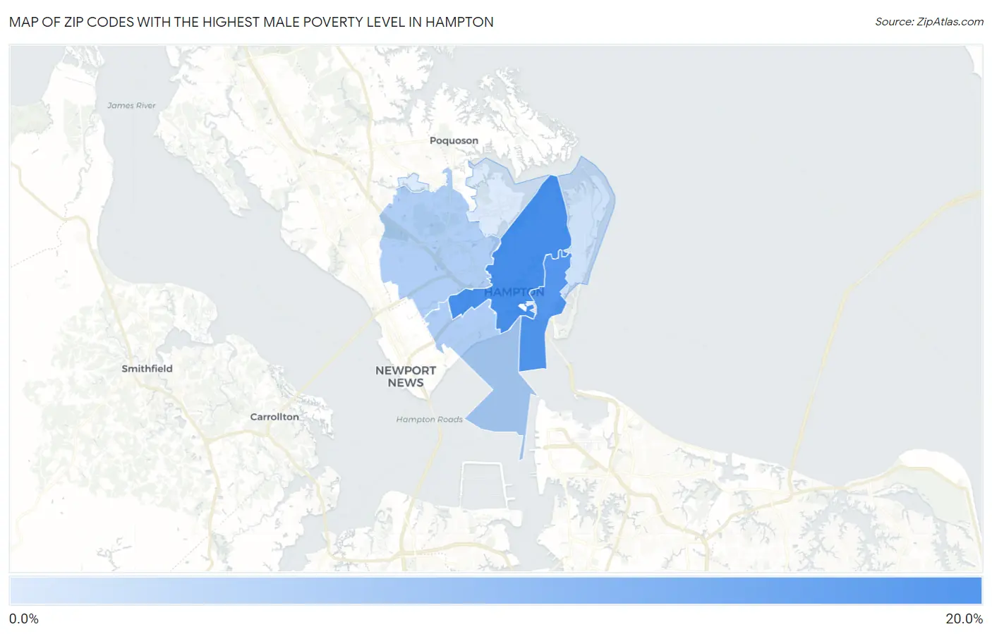 Zip Codes with the Highest Male Poverty Level in Hampton Map