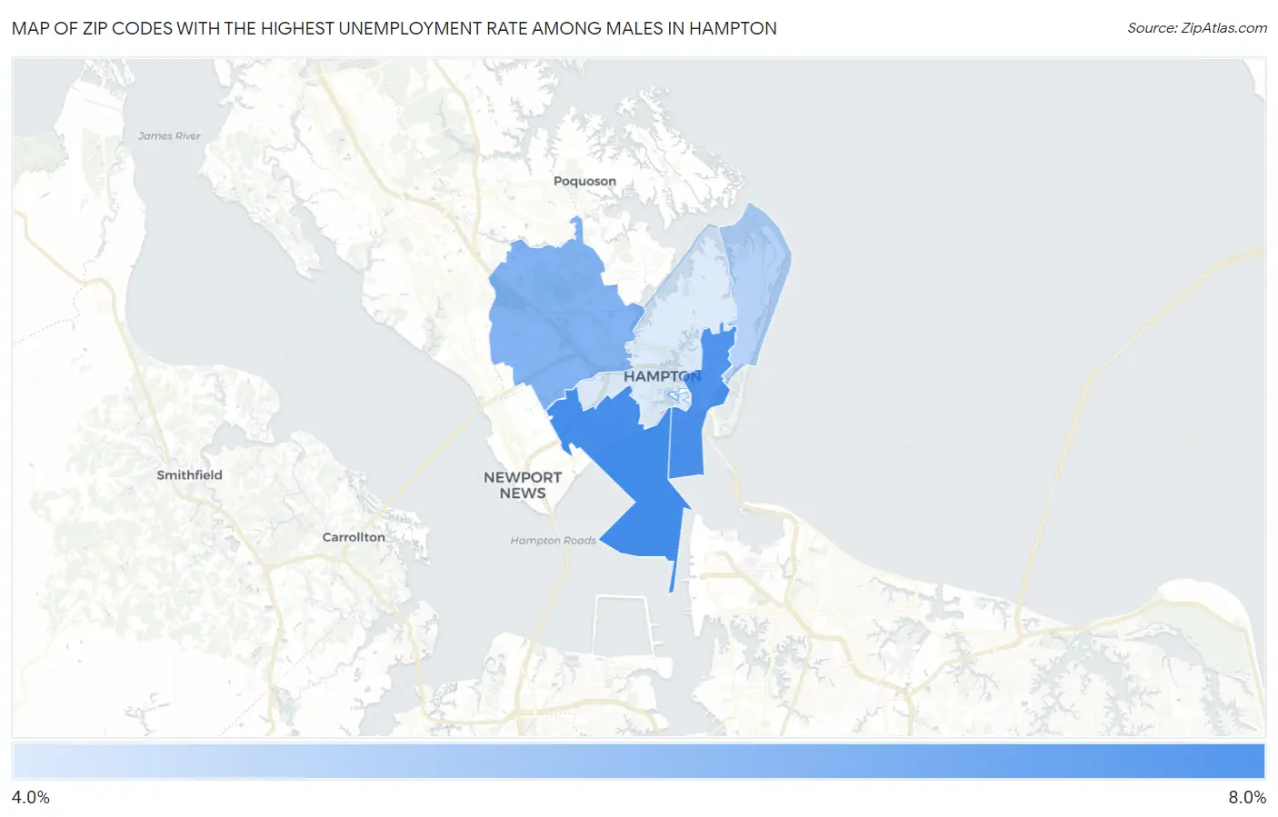 Zip Codes with the Highest Unemployment Rate Among Males in Hampton Map
