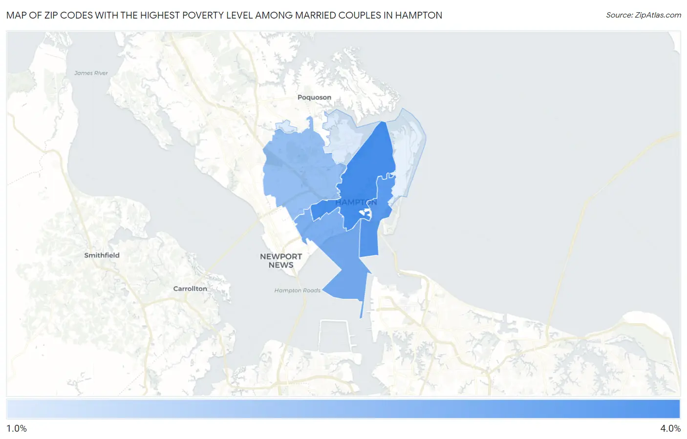 Zip Codes with the Highest Poverty Level Among Married Couples in Hampton Map