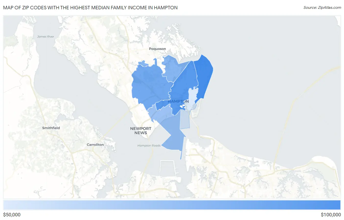 Zip Codes with the Highest Median Family Income in Hampton Map