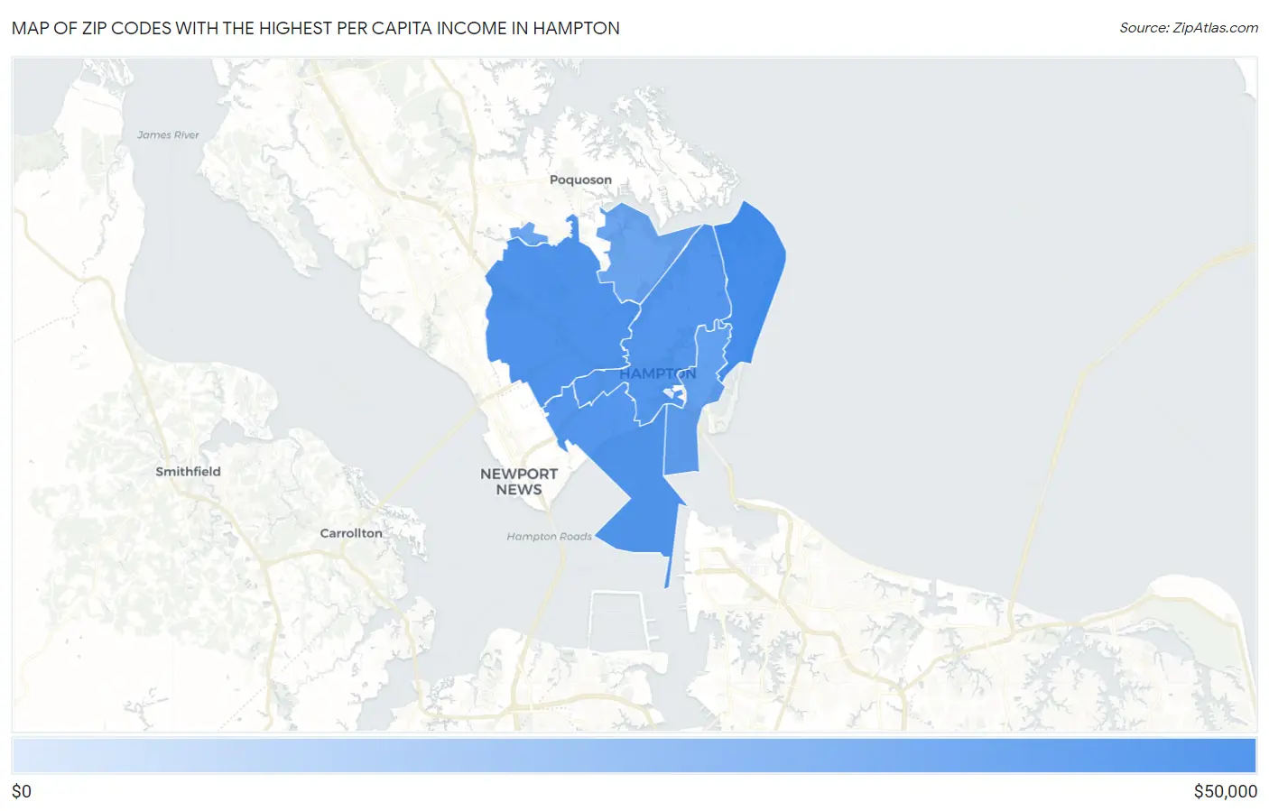 Zip Codes with the Highest Per Capita Income in Hampton Map