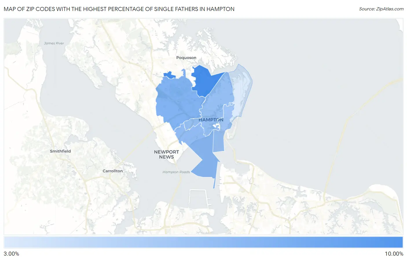 Zip Codes with the Highest Percentage of Single Fathers in Hampton Map