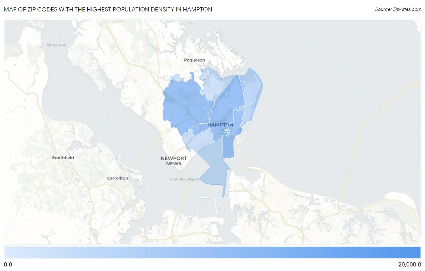 Zip Codes with the Highest Population Density in Hampton Map