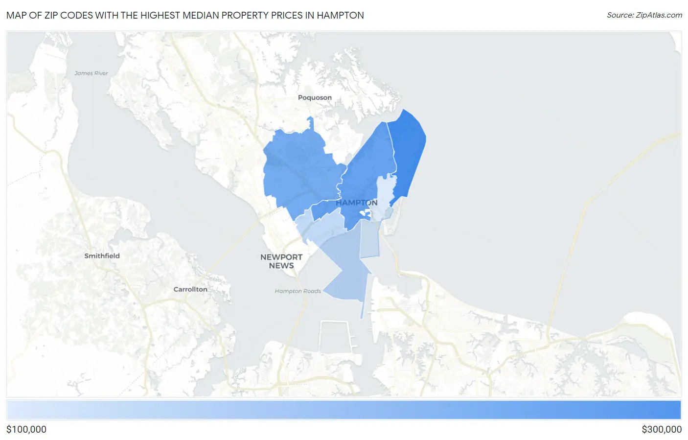 Zip Codes with the Highest Median Property Prices in Hampton Map