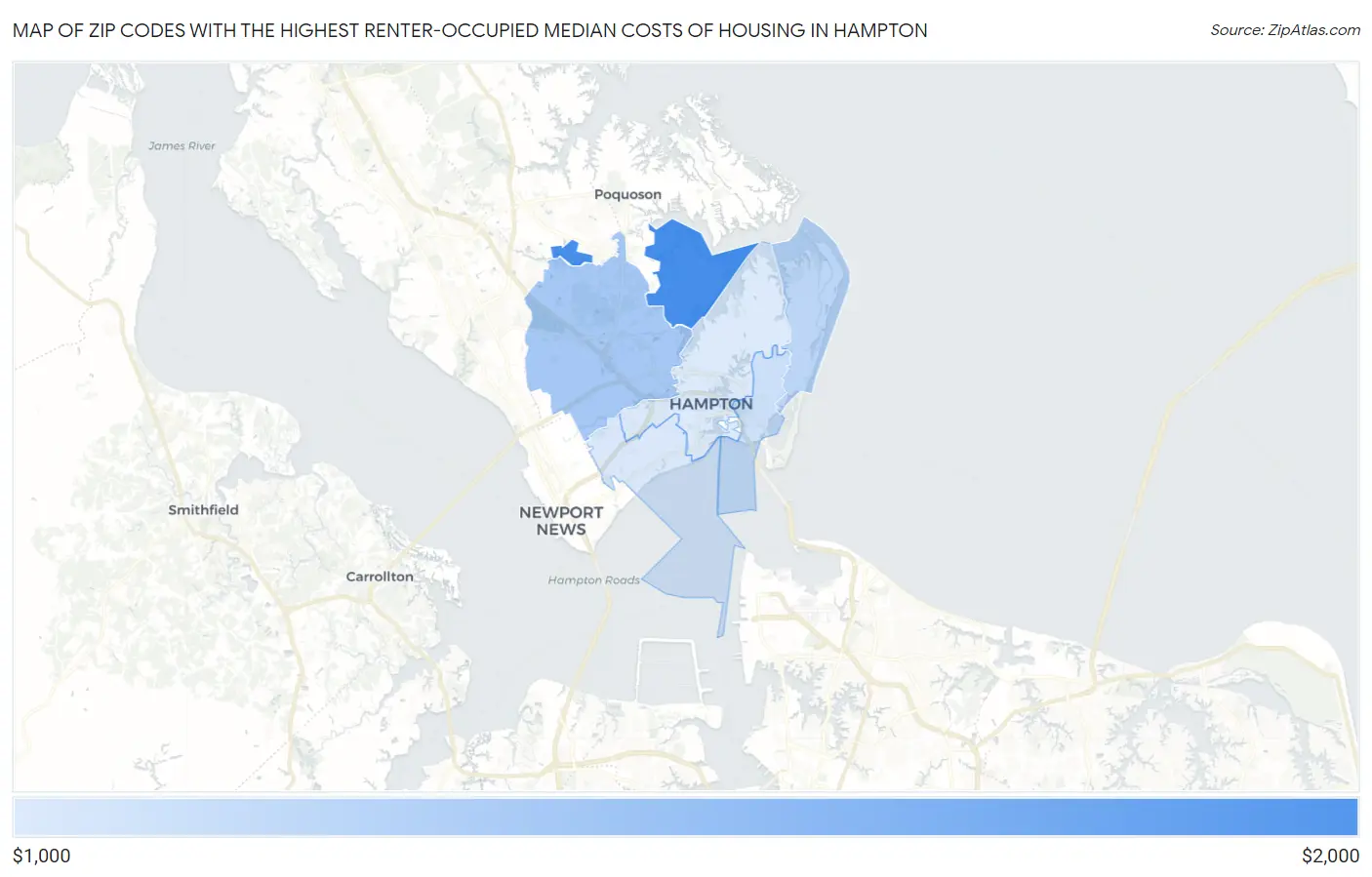 Zip Codes with the Highest Renter-Occupied Median Costs of Housing in Hampton Map