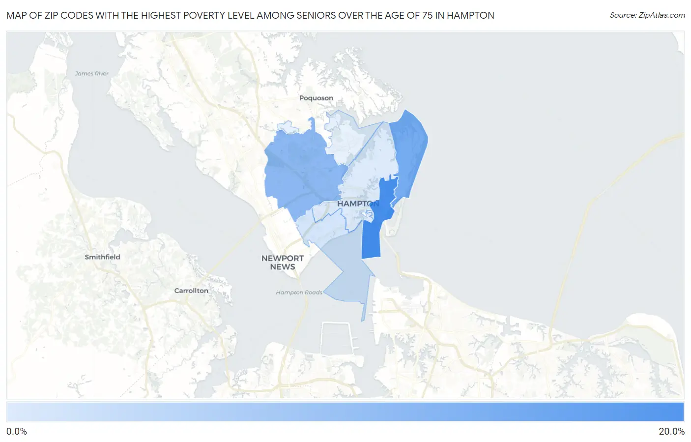 Zip Codes with the Highest Poverty Level Among Seniors Over the Age of 75 in Hampton Map