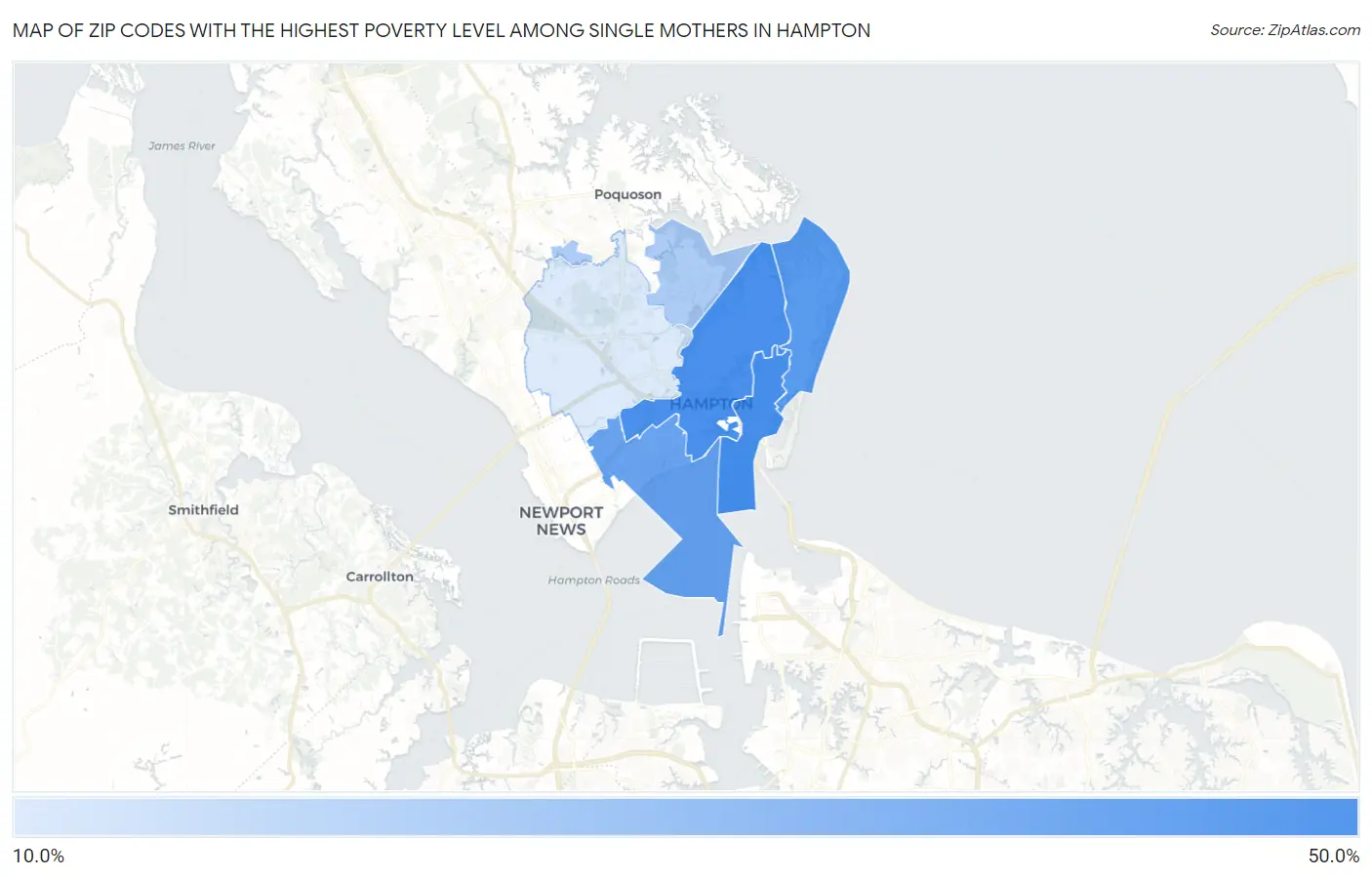 Zip Codes with the Highest Poverty Level Among Single Mothers in Hampton Map