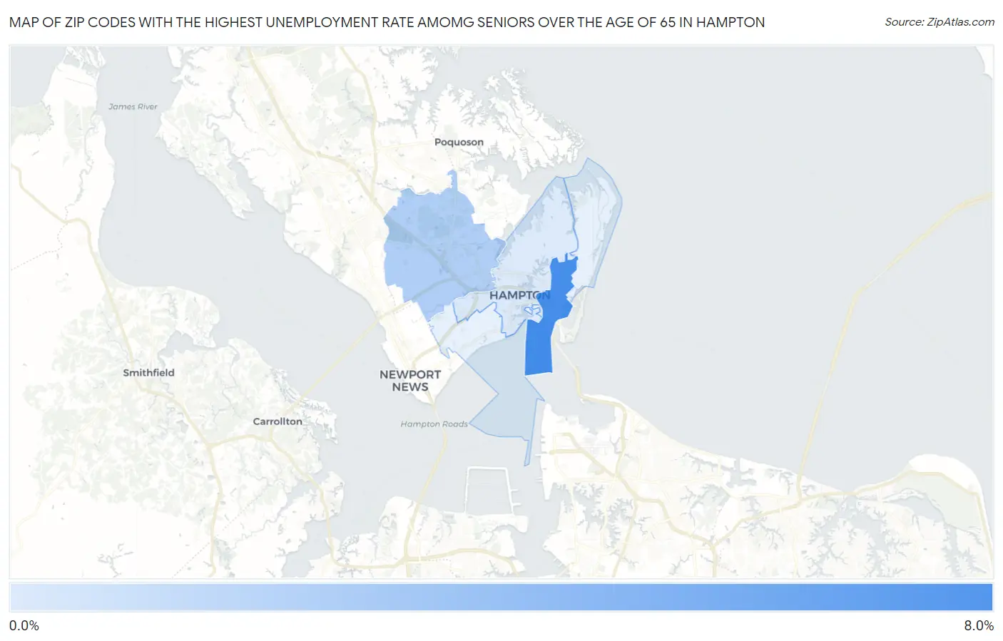 Zip Codes with the Highest Unemployment Rate Amomg Seniors Over the Age of 65 in Hampton Map