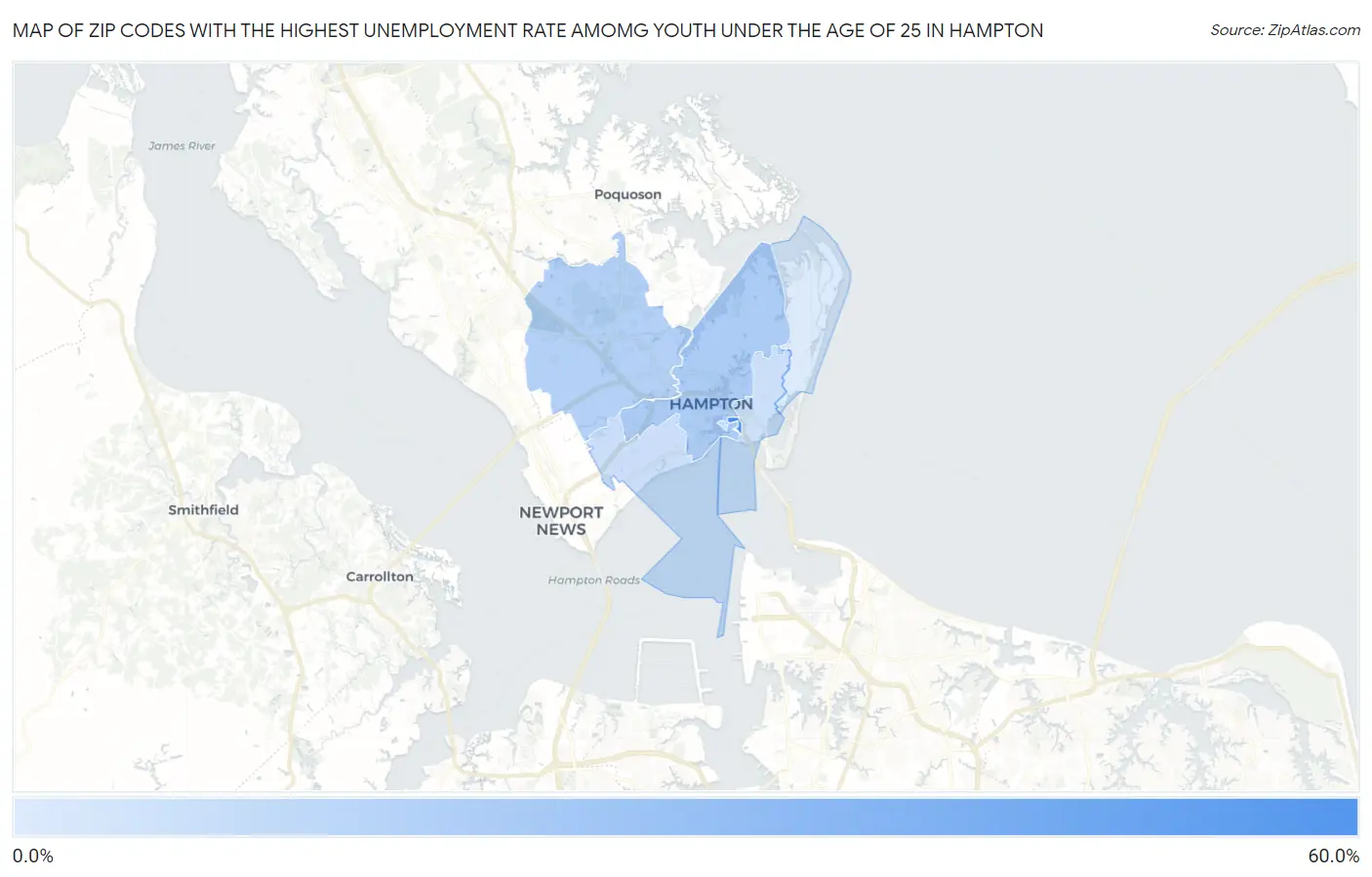 Zip Codes with the Highest Unemployment Rate Amomg Youth Under the Age of 25 in Hampton Map