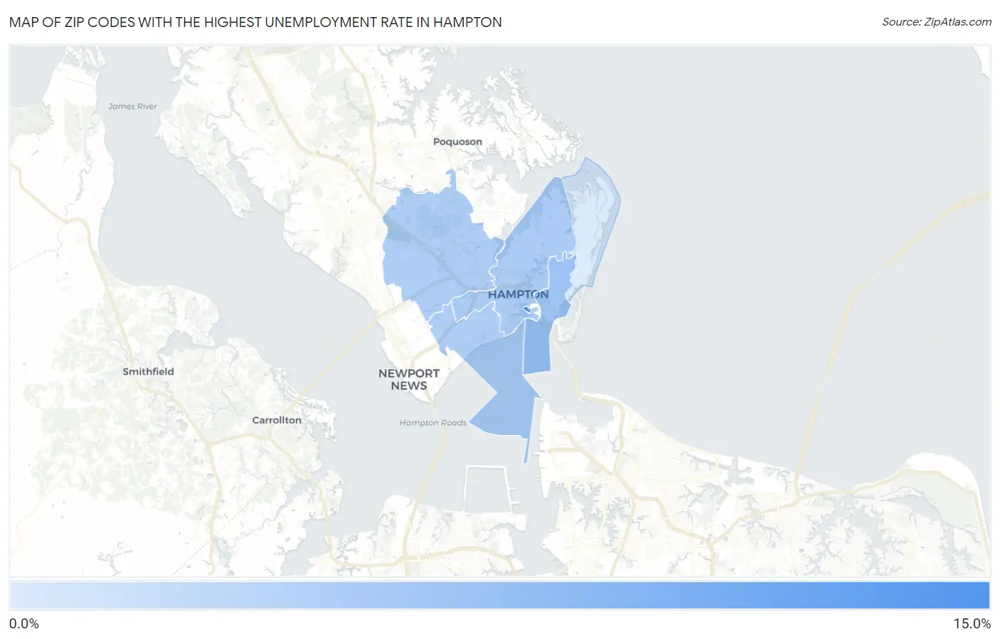Zip Codes with the Highest Unemployment Rate in Hampton Map