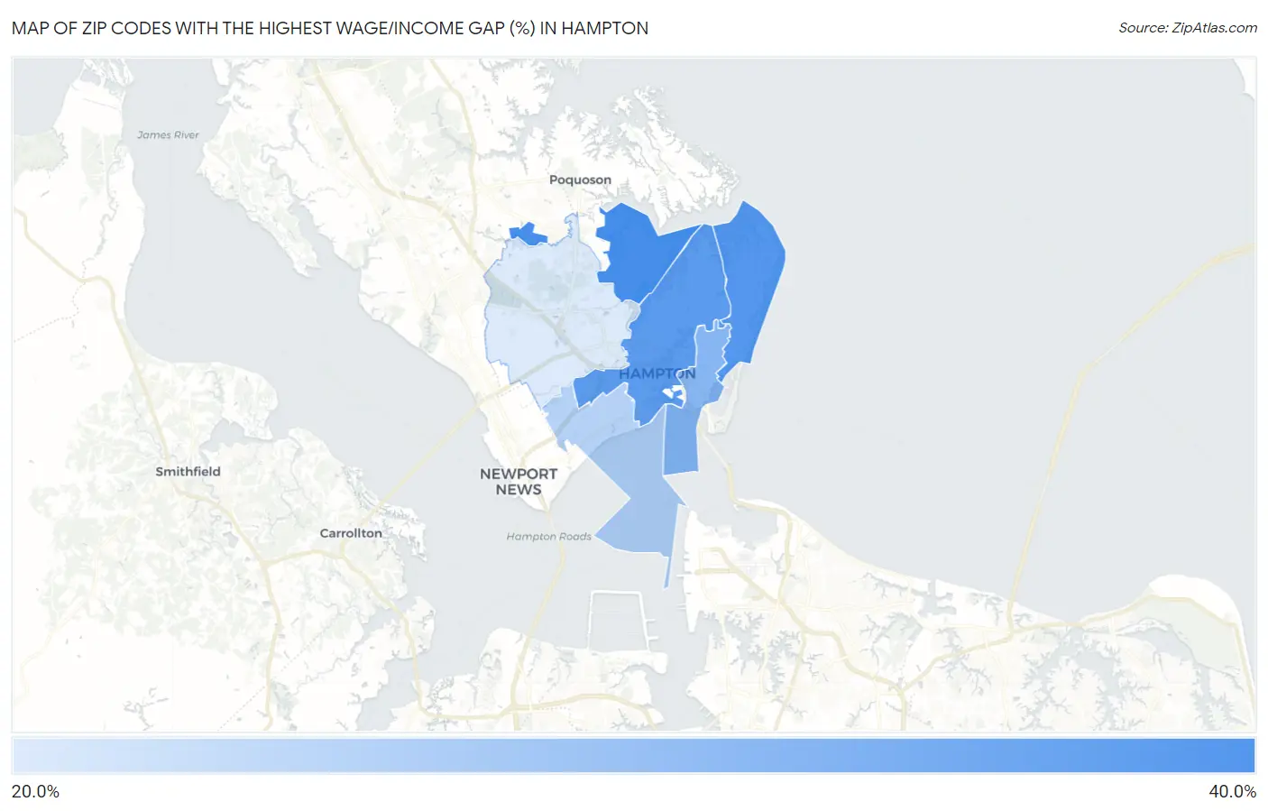 Zip Codes with the Highest Wage/Income Gap (%) in Hampton Map