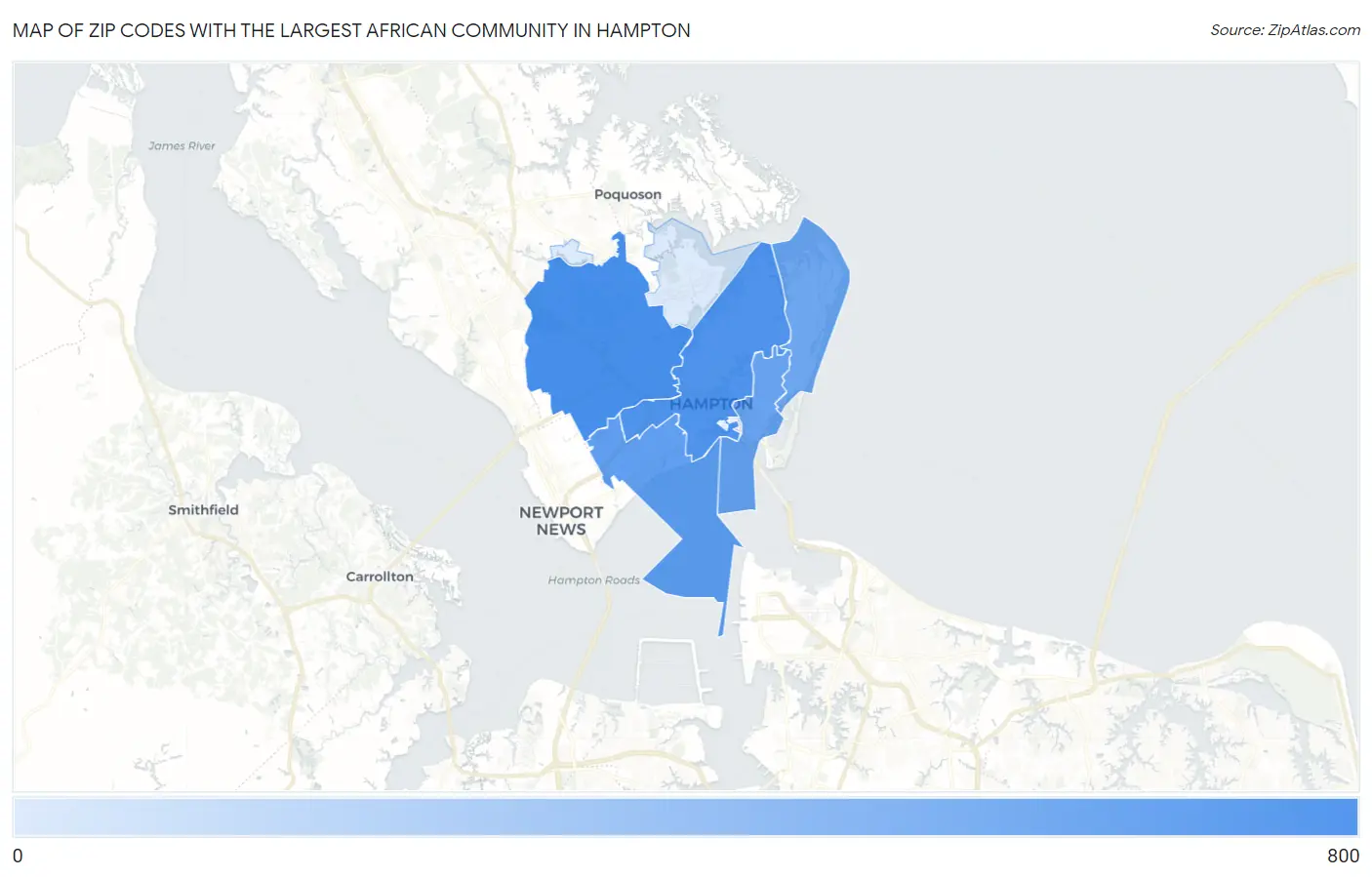 Zip Codes with the Largest African Community in Hampton Map