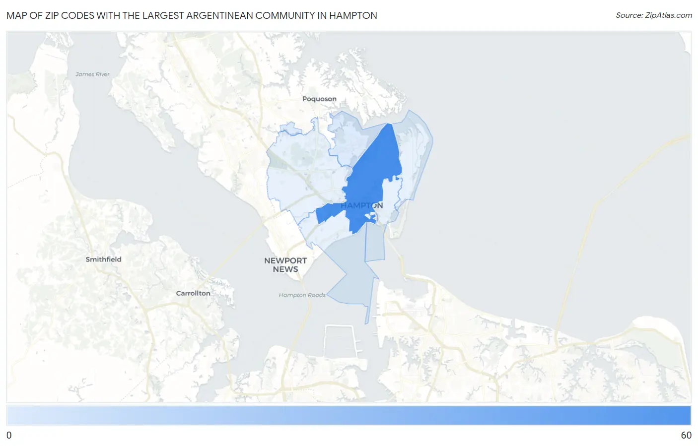 Zip Codes with the Largest Argentinean Community in Hampton Map