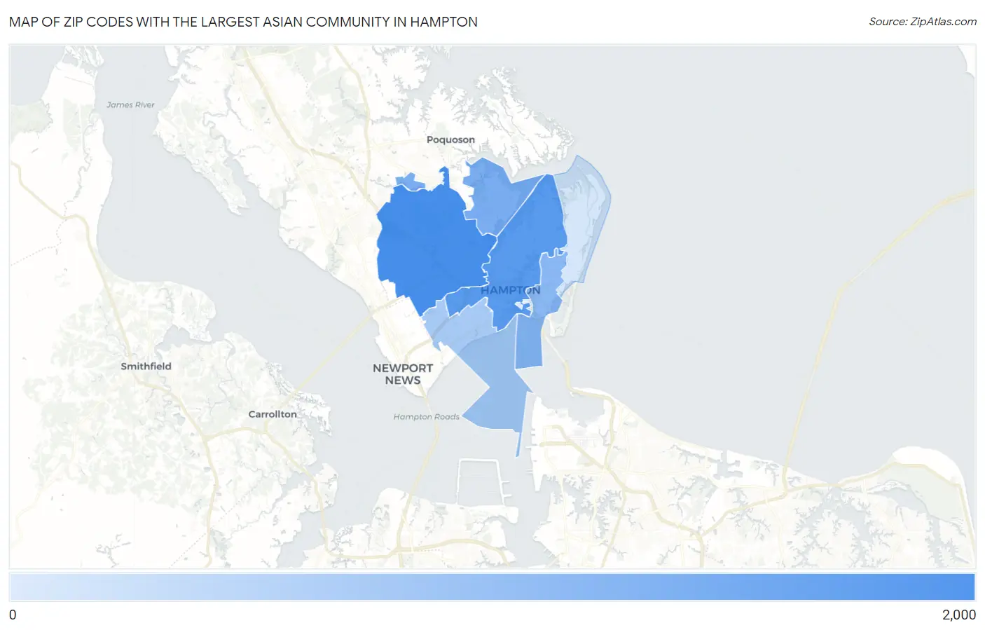 Zip Codes with the Largest Asian Community in Hampton Map