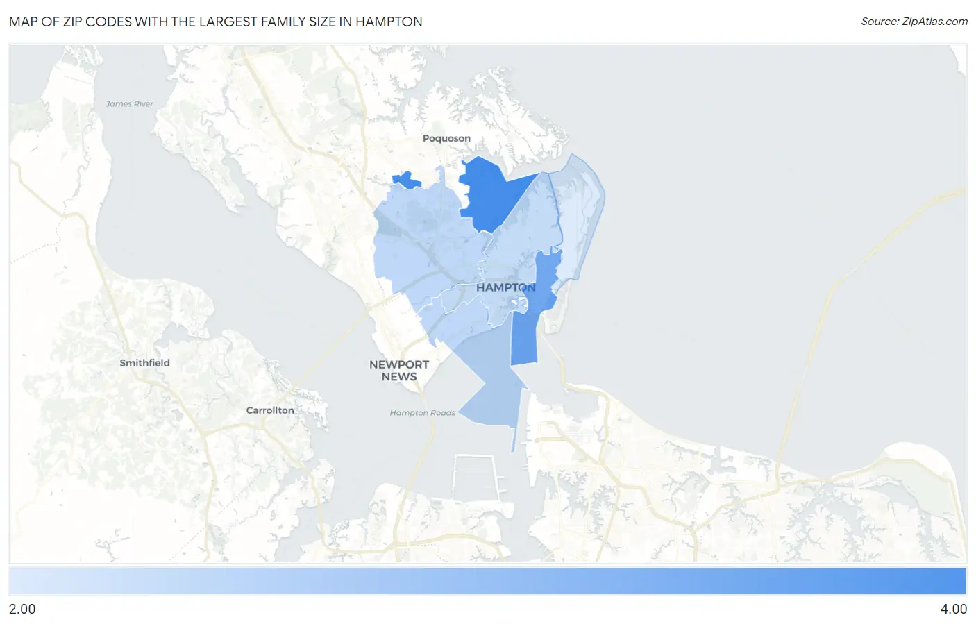 Zip Codes with the Largest Family Size in Hampton Map