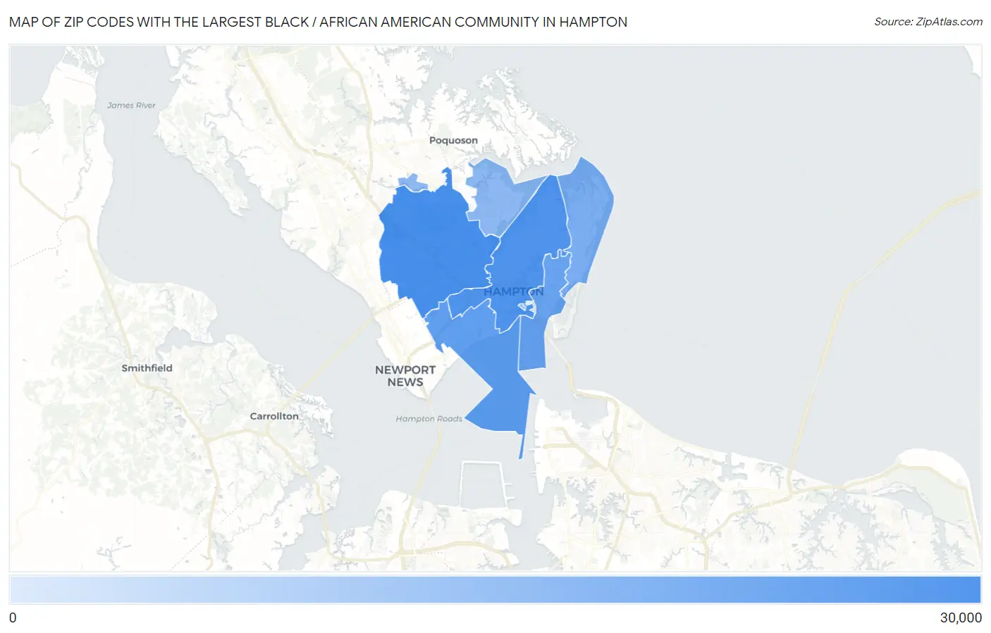 Zip Codes with the Largest Black / African American Community in Hampton Map