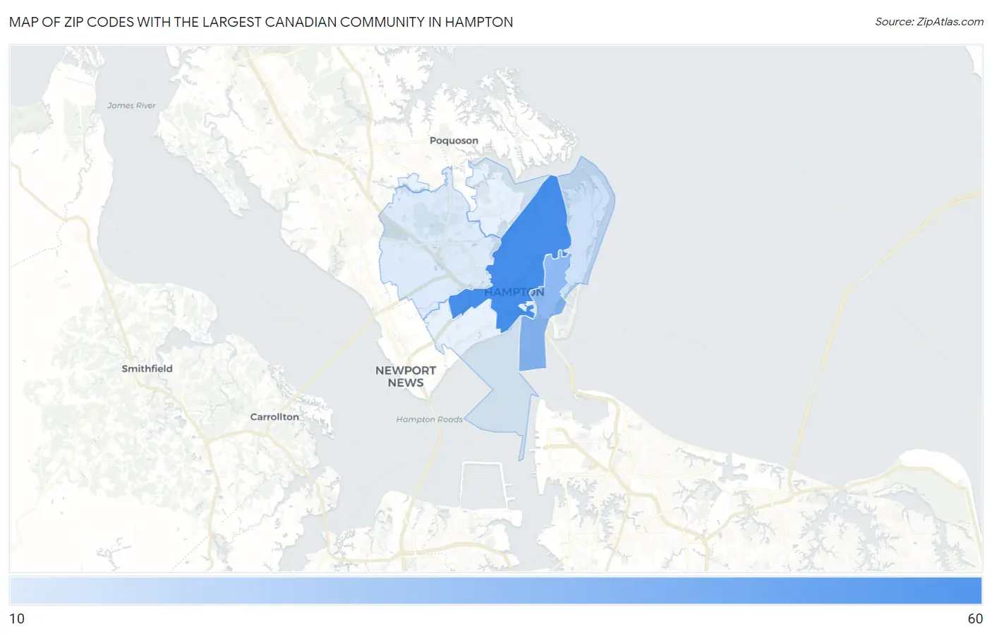 Zip Codes with the Largest Canadian Community in Hampton Map