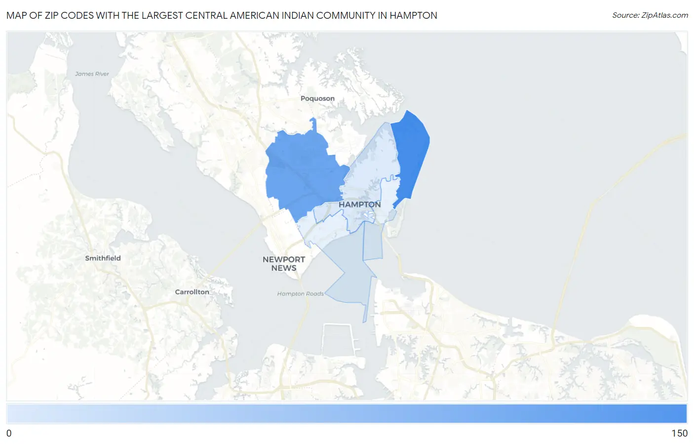 Zip Codes with the Largest Central American Indian Community in Hampton Map