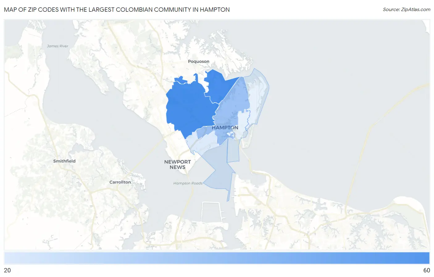 Zip Codes with the Largest Colombian Community in Hampton Map