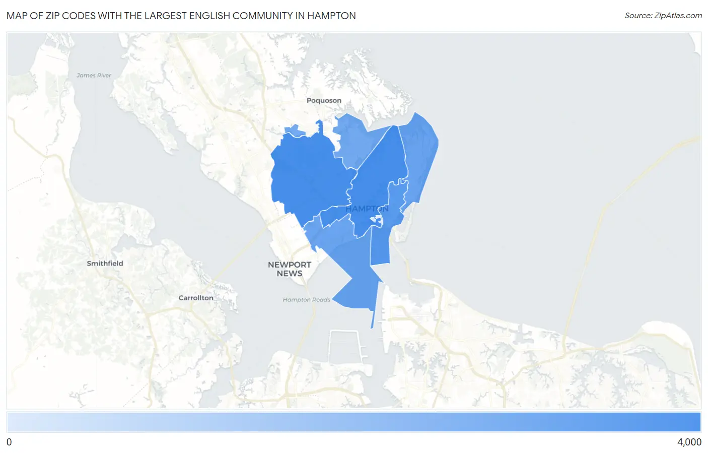 Zip Codes with the Largest English Community in Hampton Map