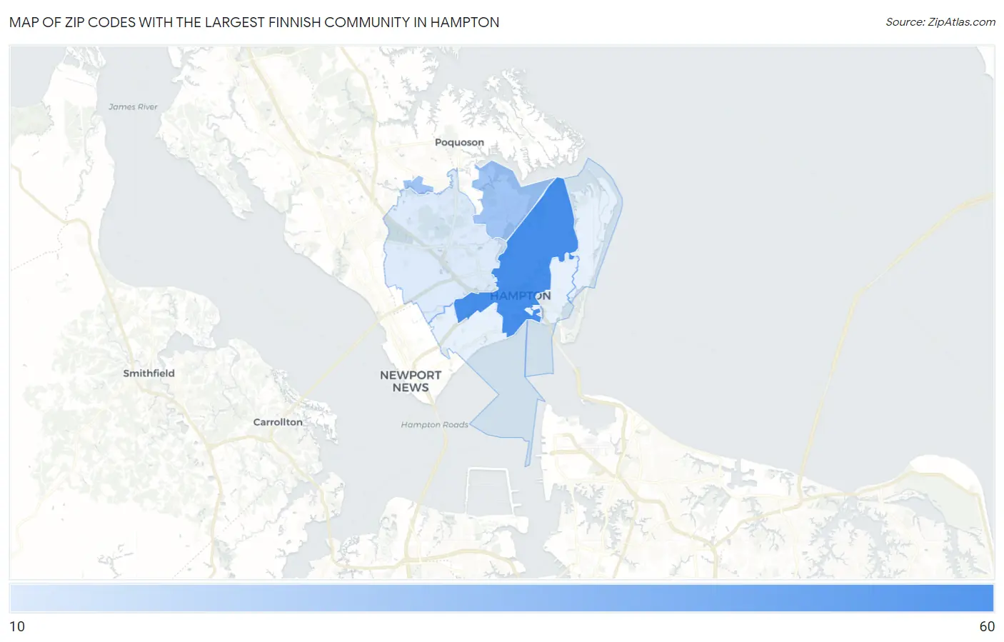 Zip Codes with the Largest Finnish Community in Hampton Map