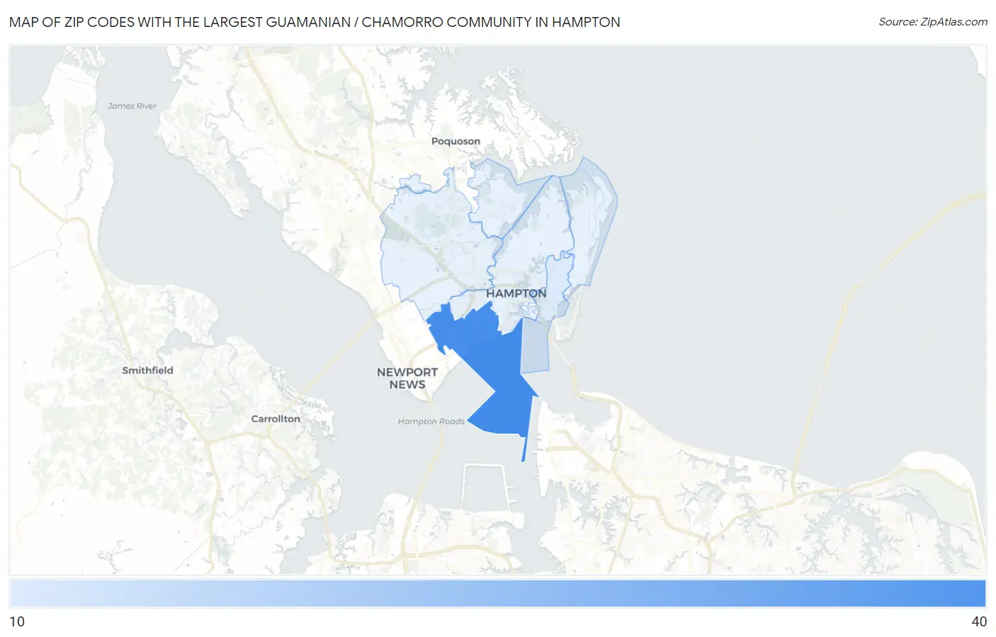 Zip Codes with the Largest Guamanian / Chamorro Community in Hampton Map