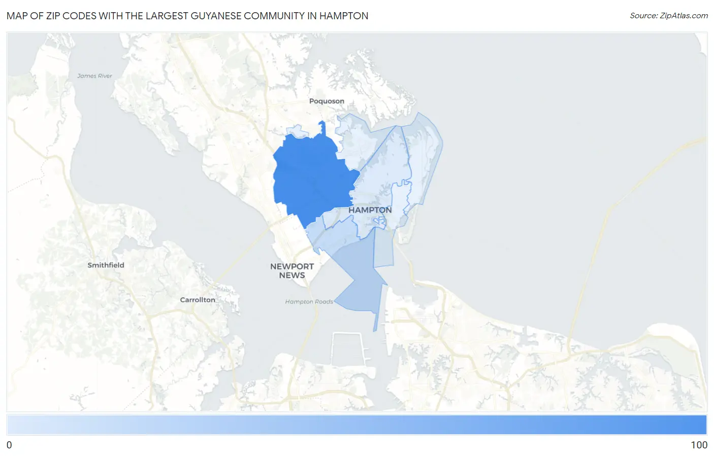 Zip Codes with the Largest Guyanese Community in Hampton Map