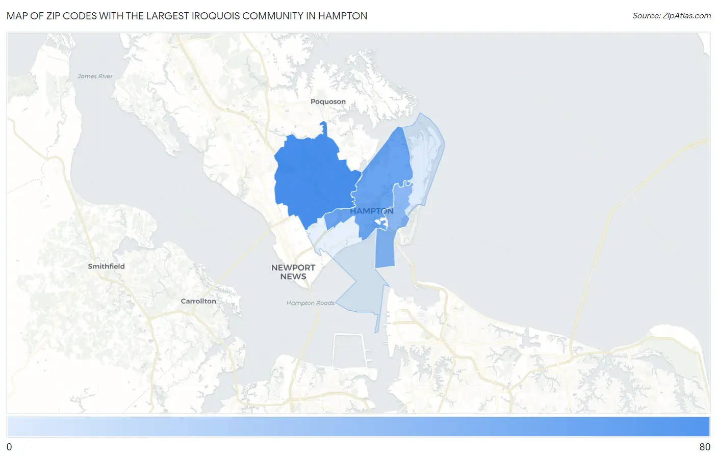 Zip Codes with the Largest Iroquois Community in Hampton Map