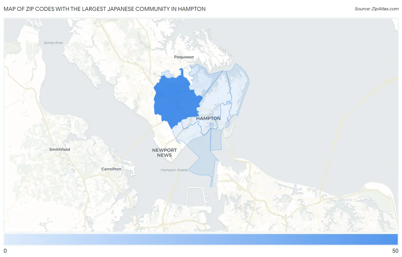 Zip Codes with the Largest Japanese Community in Hampton Map