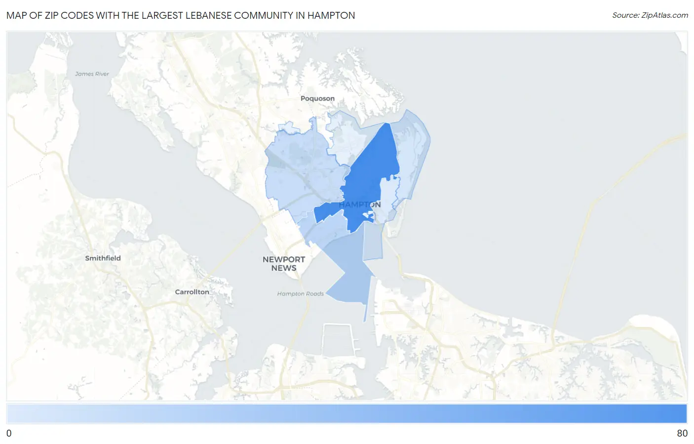 Zip Codes with the Largest Lebanese Community in Hampton Map