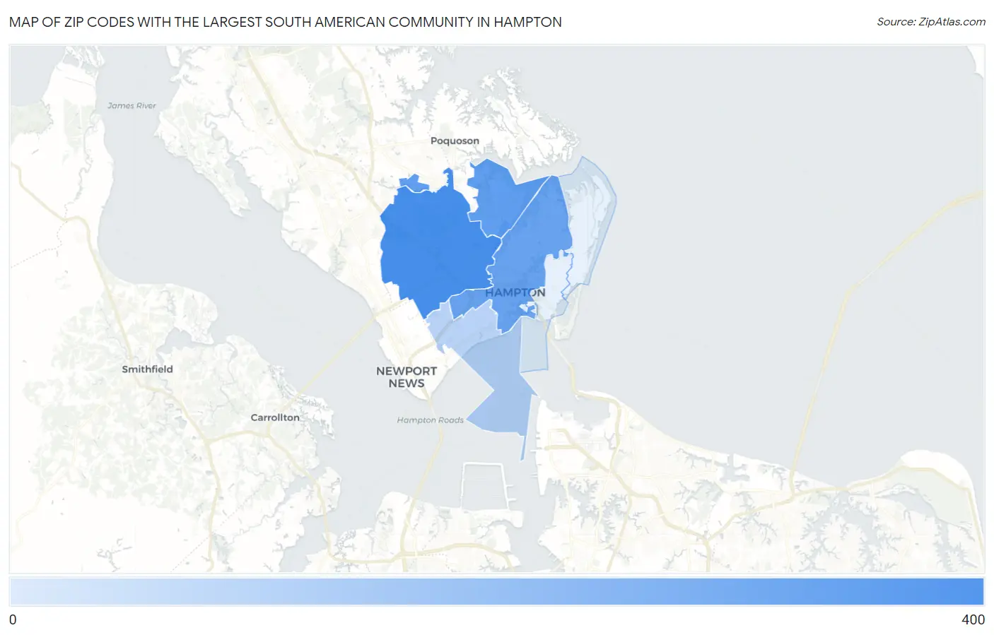 Zip Codes with the Largest South American Community in Hampton Map