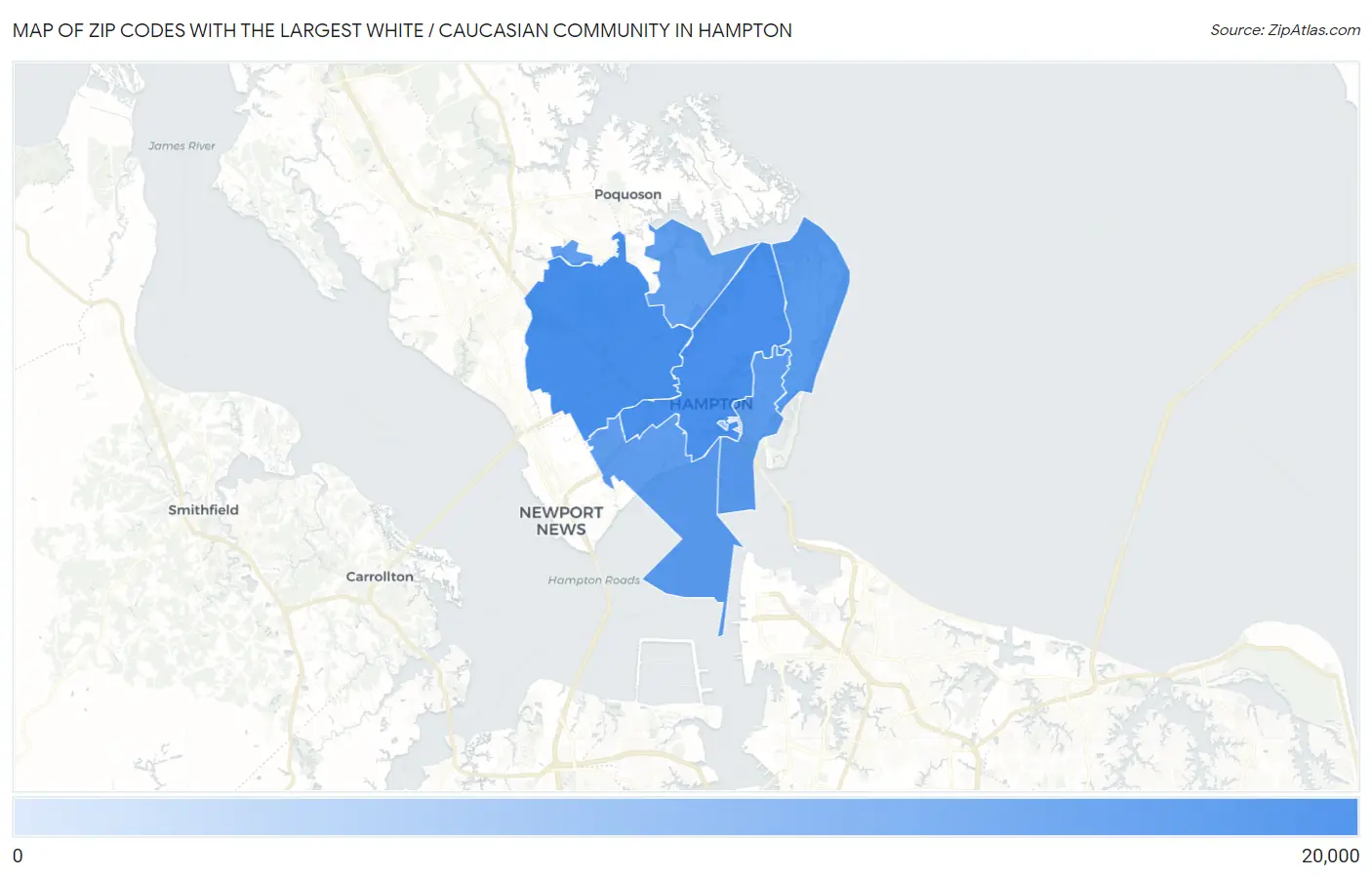 Zip Codes with the Largest White / Caucasian Community in Hampton Map