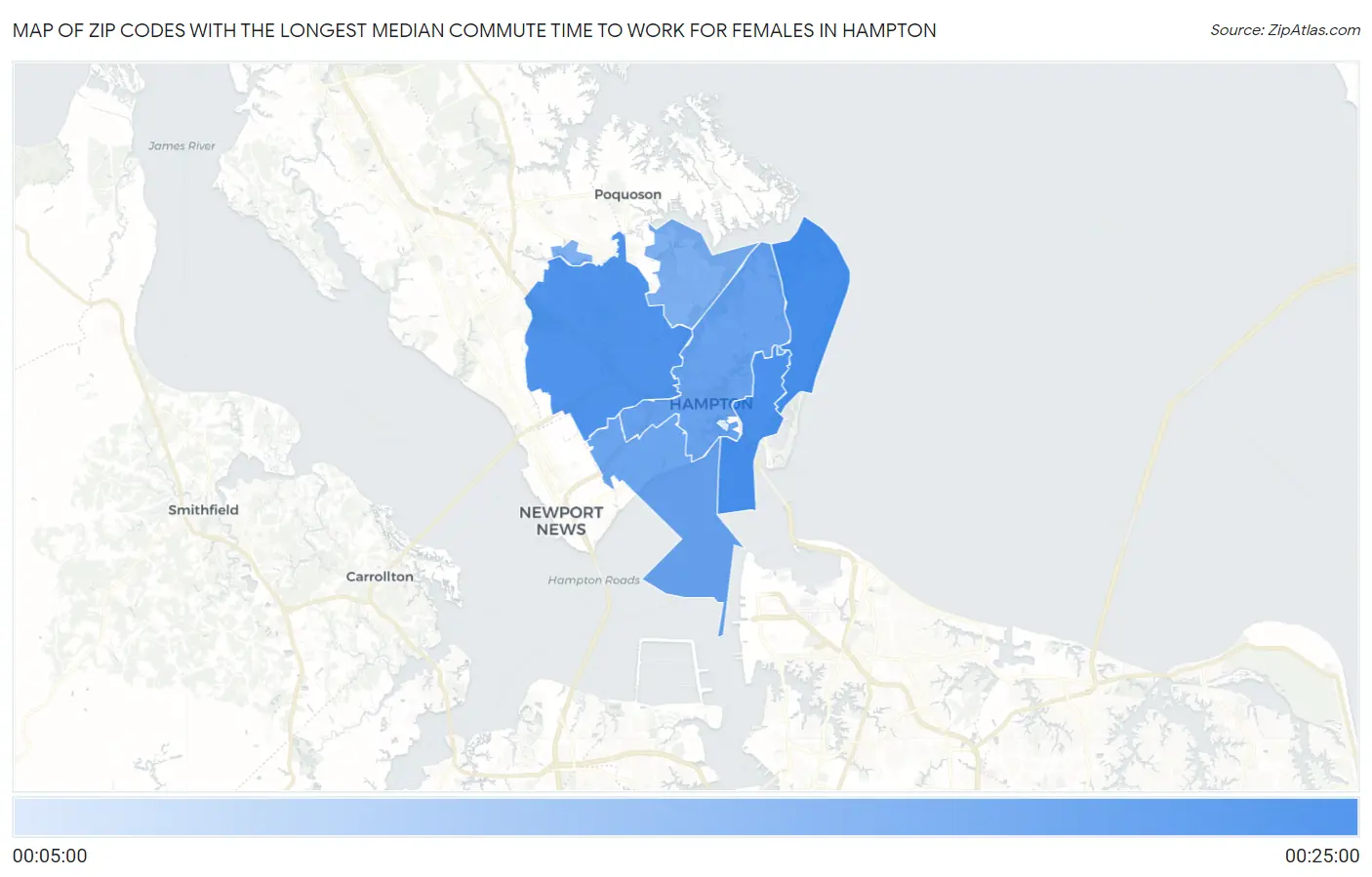 Zip Codes with the Longest Median Commute Time to Work for Females in Hampton Map
