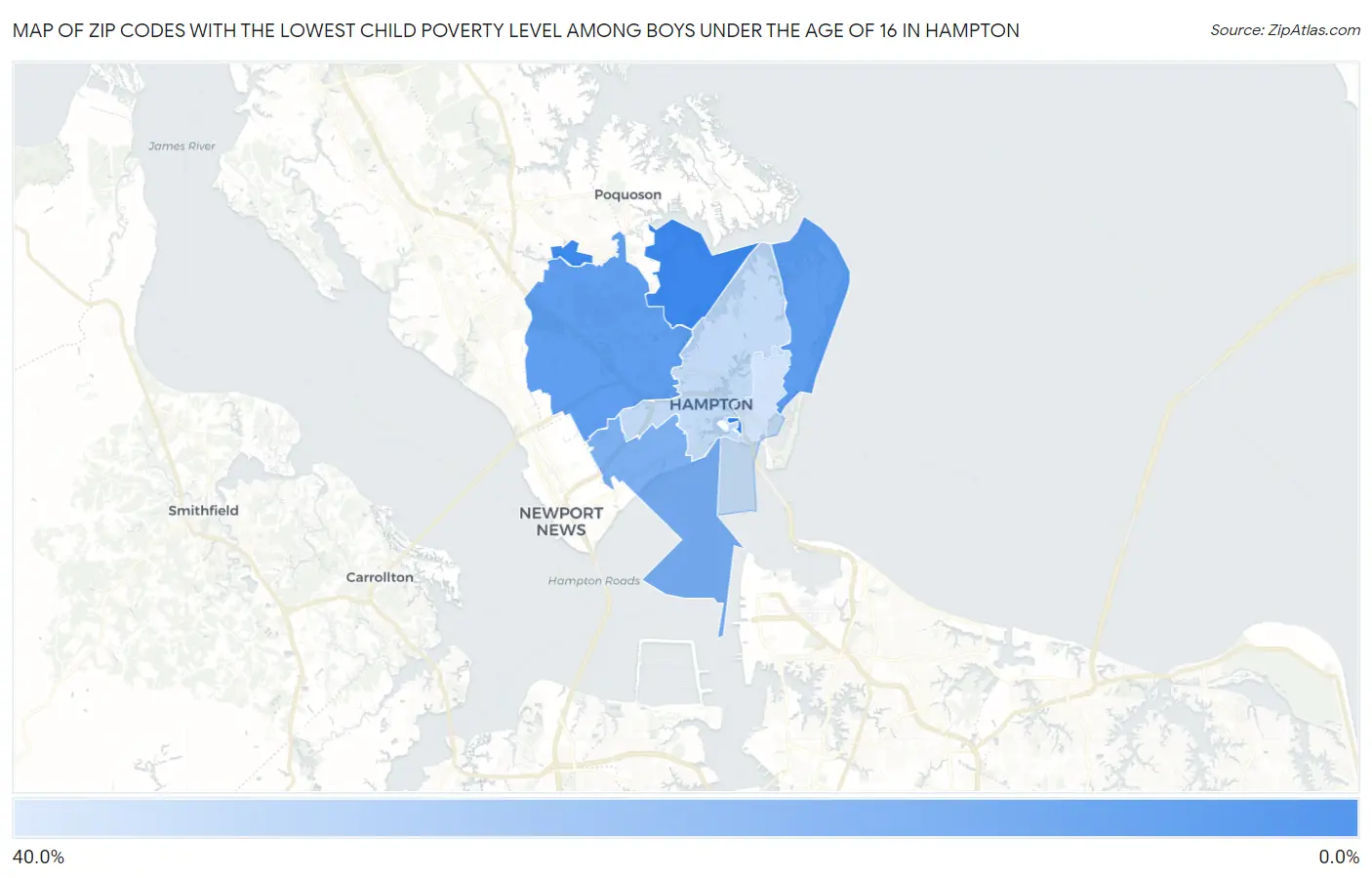 Zip Codes with the Lowest Child Poverty Level Among Boys Under the Age of 16 in Hampton Map