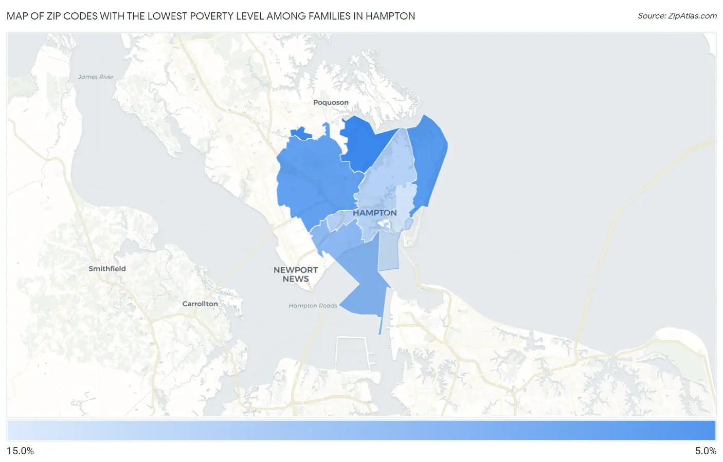 Zip Codes with the Lowest Poverty Level Among Families in Hampton Map