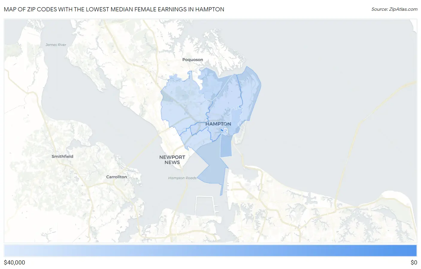 Zip Codes with the Lowest Median Female Earnings in Hampton Map