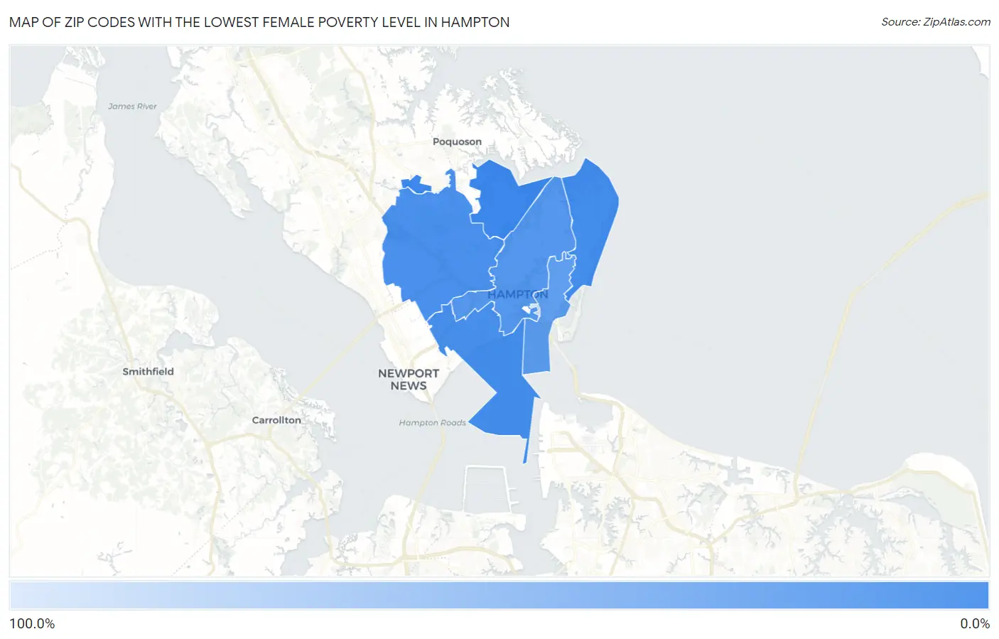 Zip Codes with the Lowest Female Poverty Level in Hampton Map