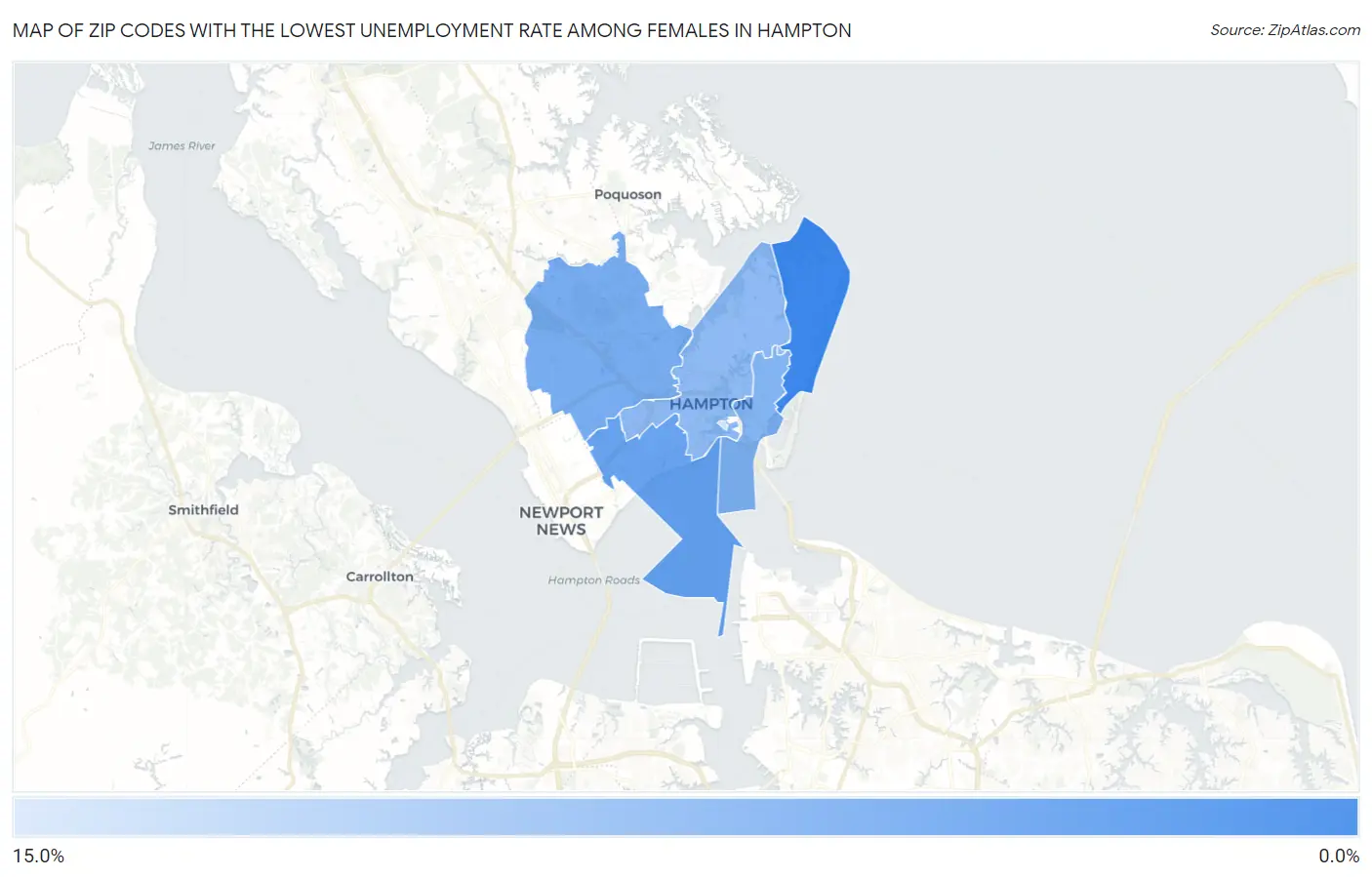Zip Codes with the Lowest Unemployment Rate Among Females in Hampton Map